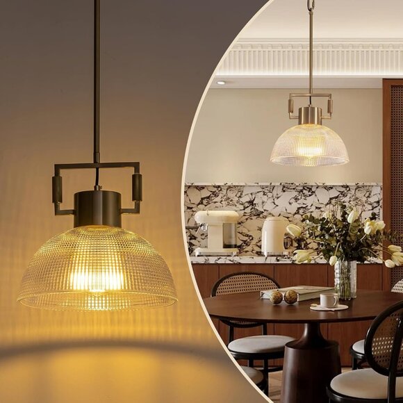 NEW 11.8" Gold Glass Pendant Light Modern Vintage Fluted Dome Shade - Picture 2 of 5